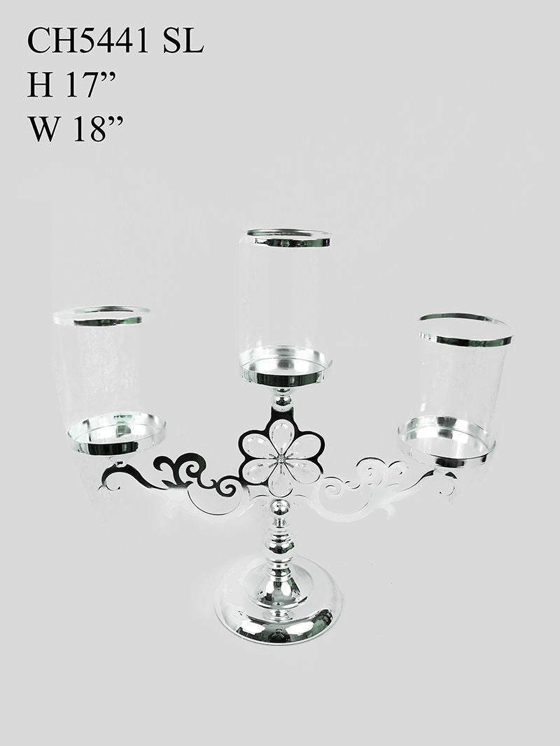 CH5441 Silver - Trio Hurricane Glass Candle Holder With Flower Crystal Design