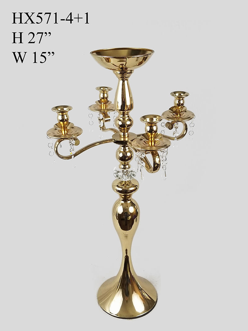 HX571-4+1 -Gold Metal Candelabra 4 Arms and 1 Flower Riser 27"