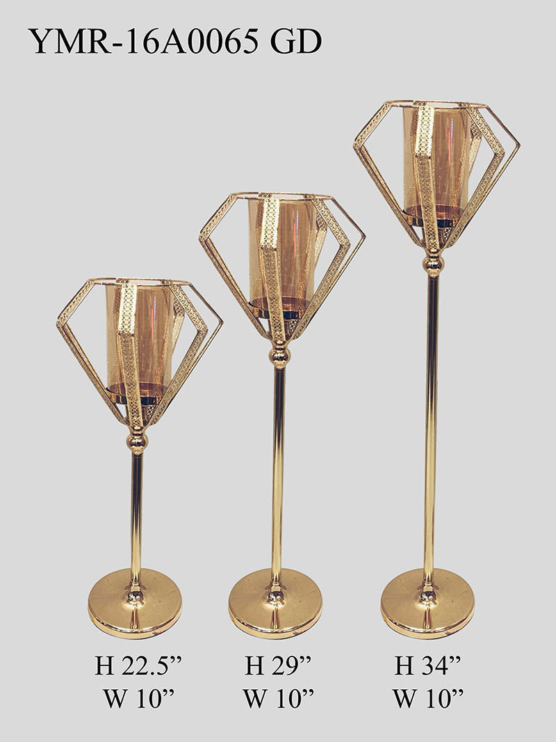 YMR-16A0065 - Set of 3 Metal Candle Holder with Hurricane Glass