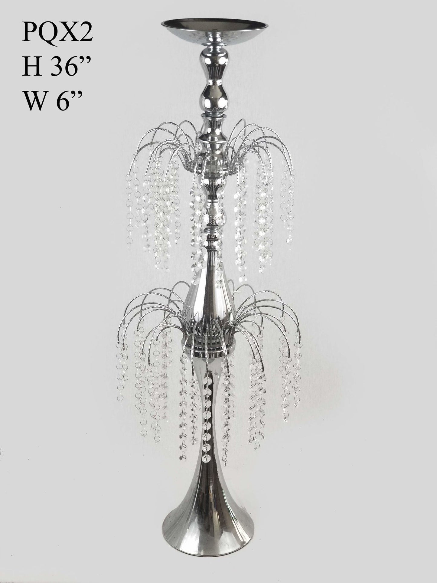 PQX2 - Silver Metal Flower Stand with Two Tier Crystal Chain Chandelier Stand 36"