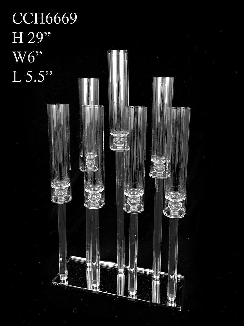 CCH6669 - 7 Head Candlestick Holders with Hurricane Tubes Wedding Table Centerpiece 29"