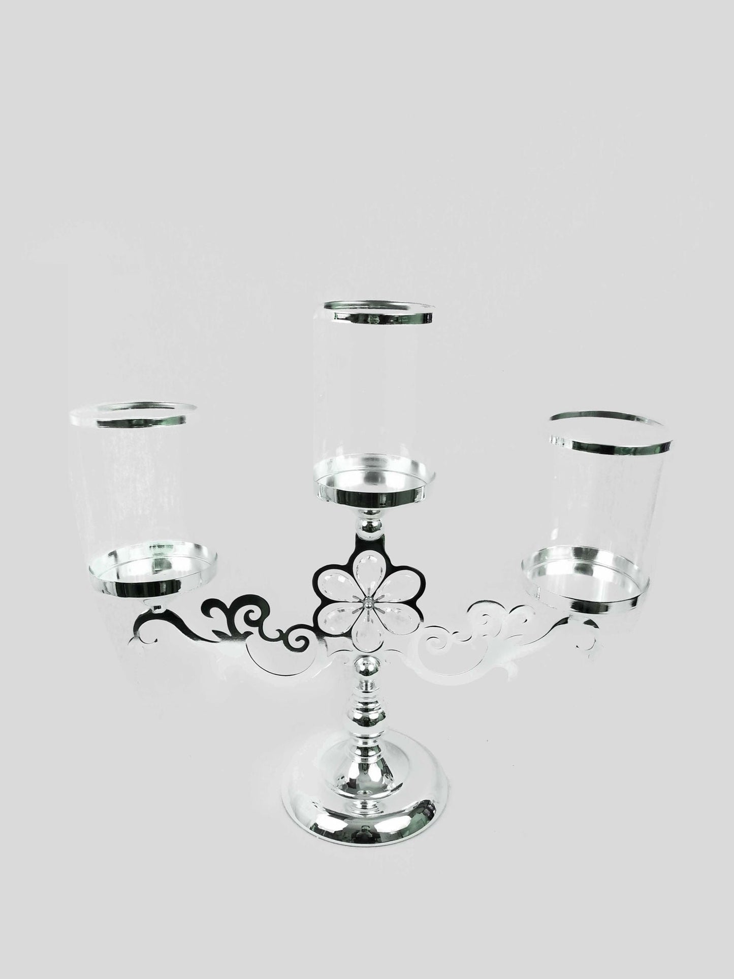 CH5441 Silver - Trio Hurricane Glass Candle Holder With Flower Crystal Design