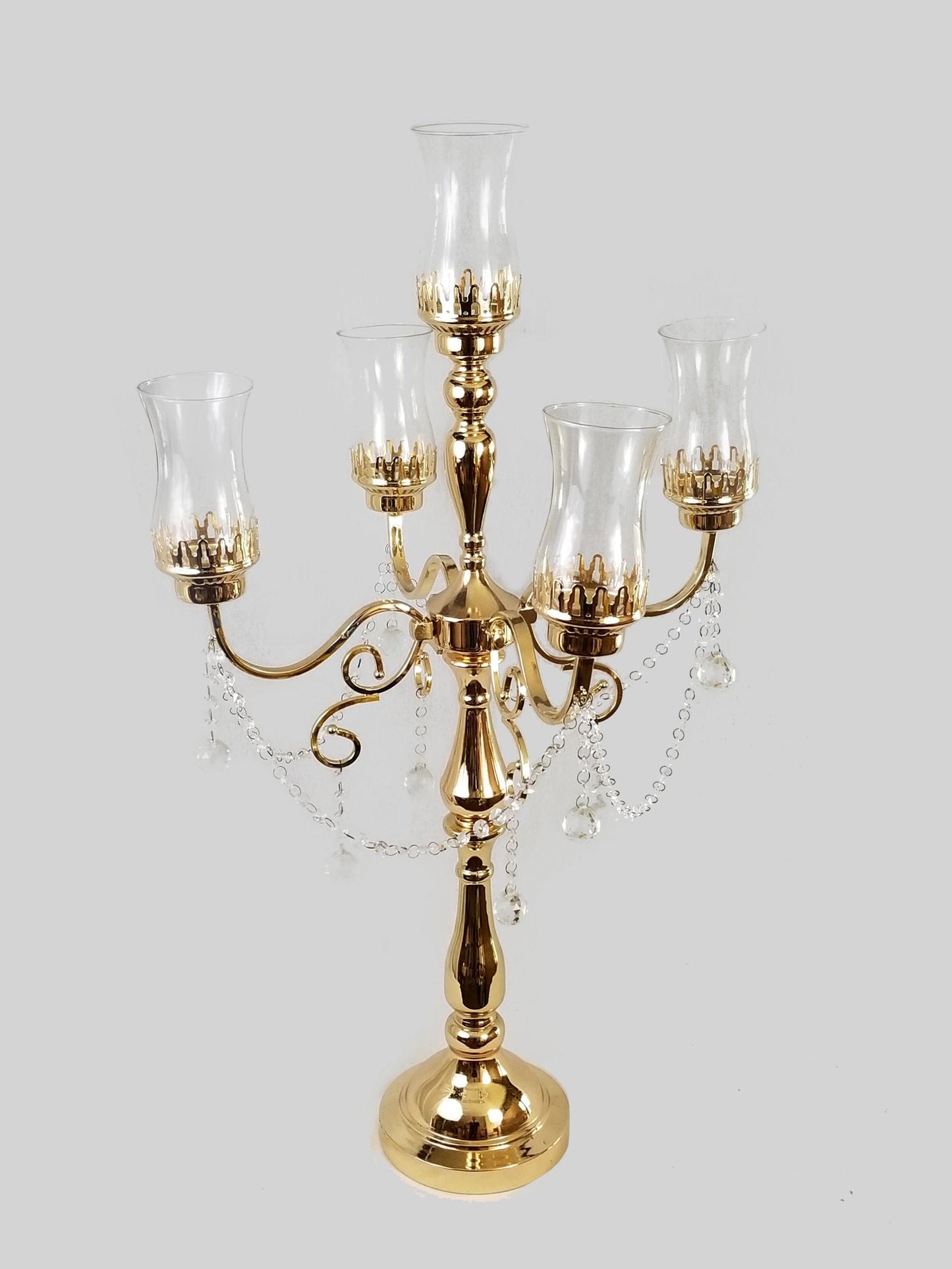 HX60064 4+1 - Gold Metal Candelabra 4 Glass Candle Hollder Arms + 1 Candle Holder Head 38"