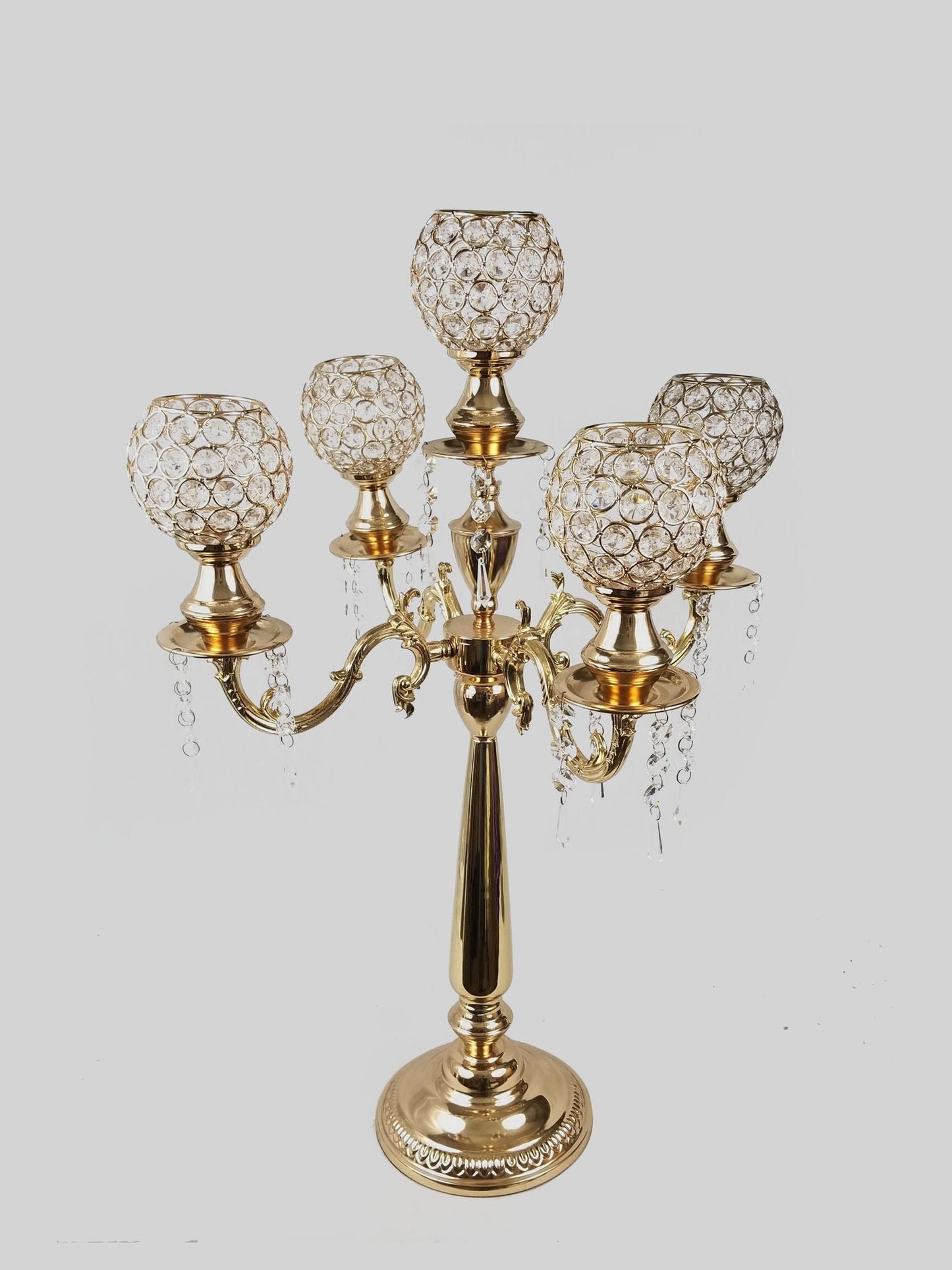 WM-1182142 - Tall 5 Arm Crystal Beaded Globe Metal Candelabra Candle Holder