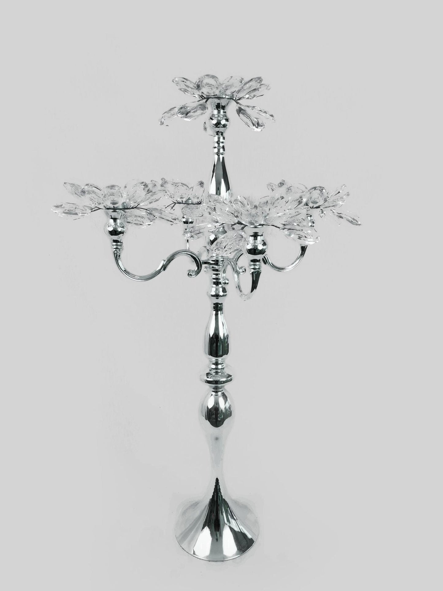 CH5455 Silver - Tall 5 Arm Gold Crystal Flower Head Metal Candelabra Candle Holder