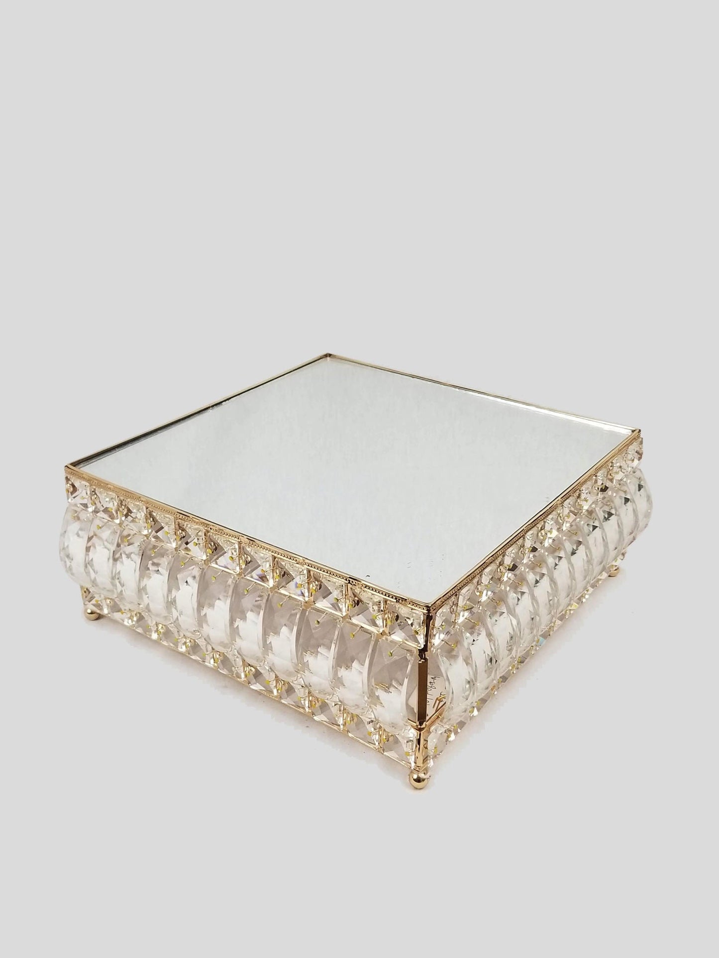 18PF0605-M - 12" Square Gold Cake Stand Crystal Beaded with Mirror Topped