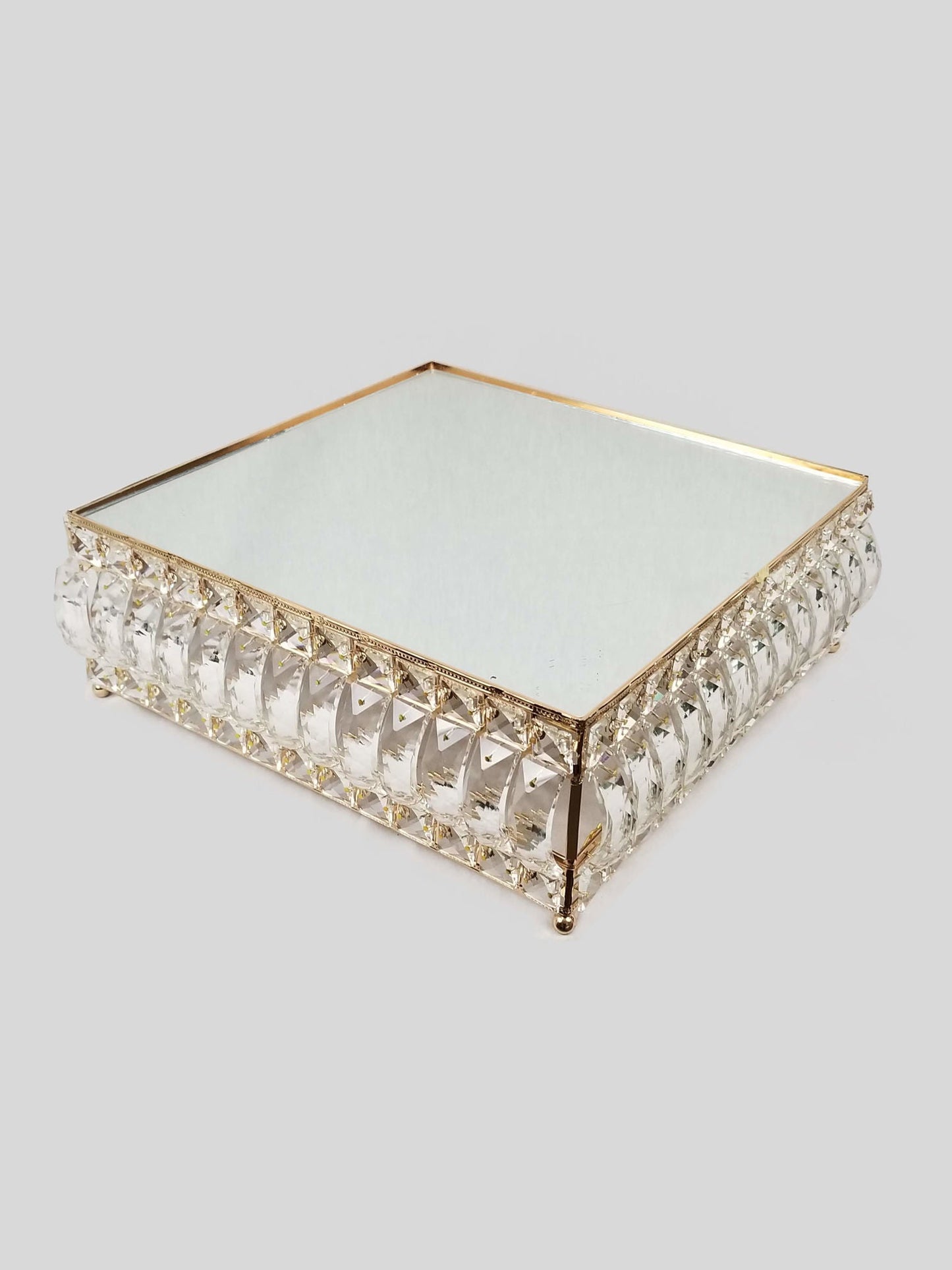 18PF0605-L - 14" Square Gold Cake Stand Crystal Beaded with Mirror Topped