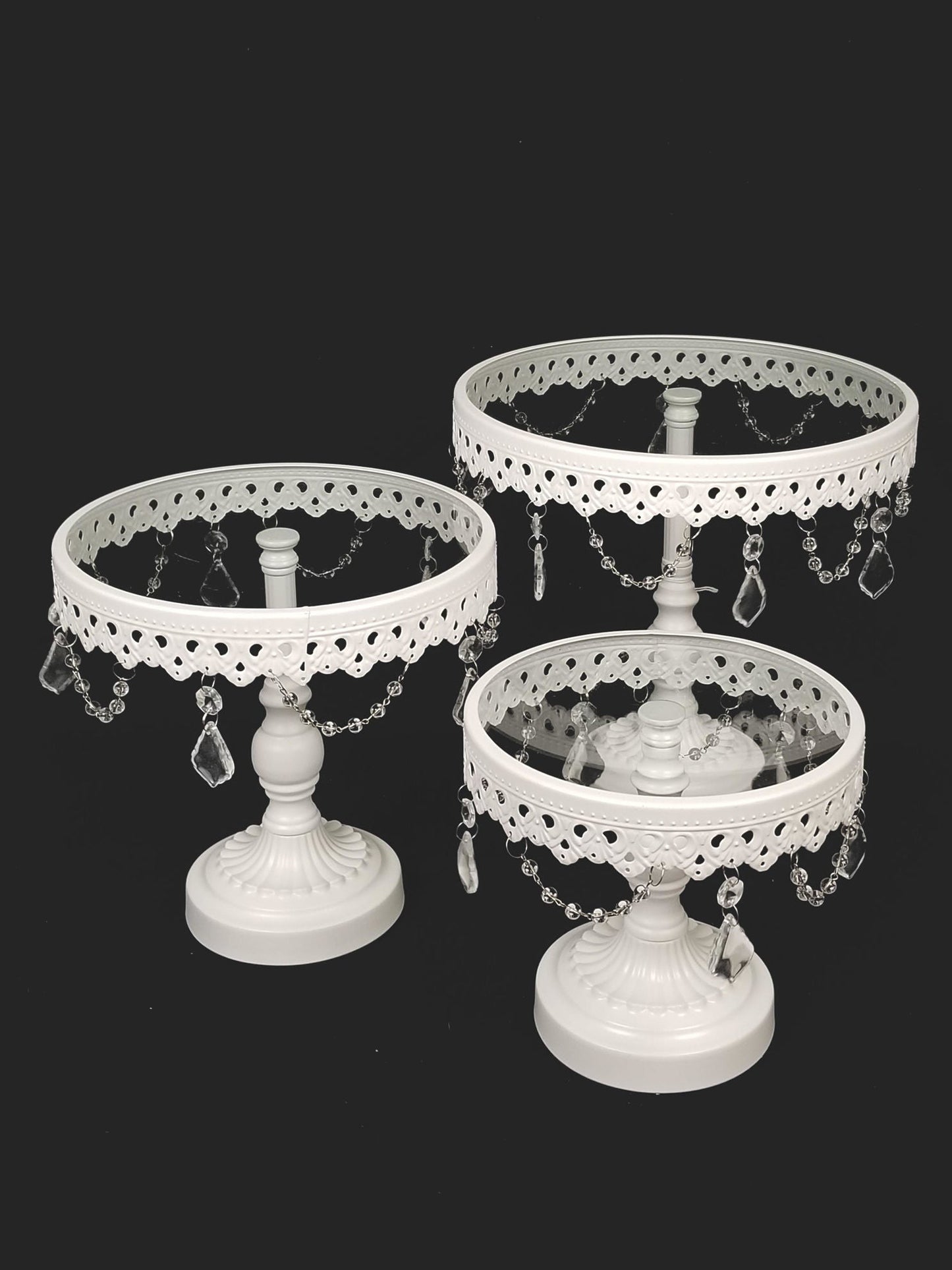 KK3 WT - White Set of 3 Round Metal Cake Stand With Glass Top