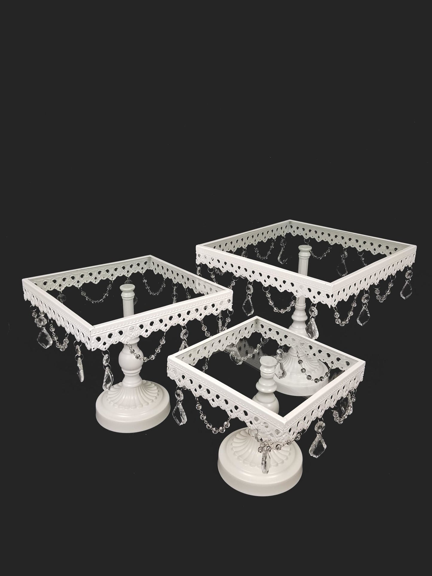 KK8 WT - White Set of 3 Square Metal Cake Stand With Glass Top