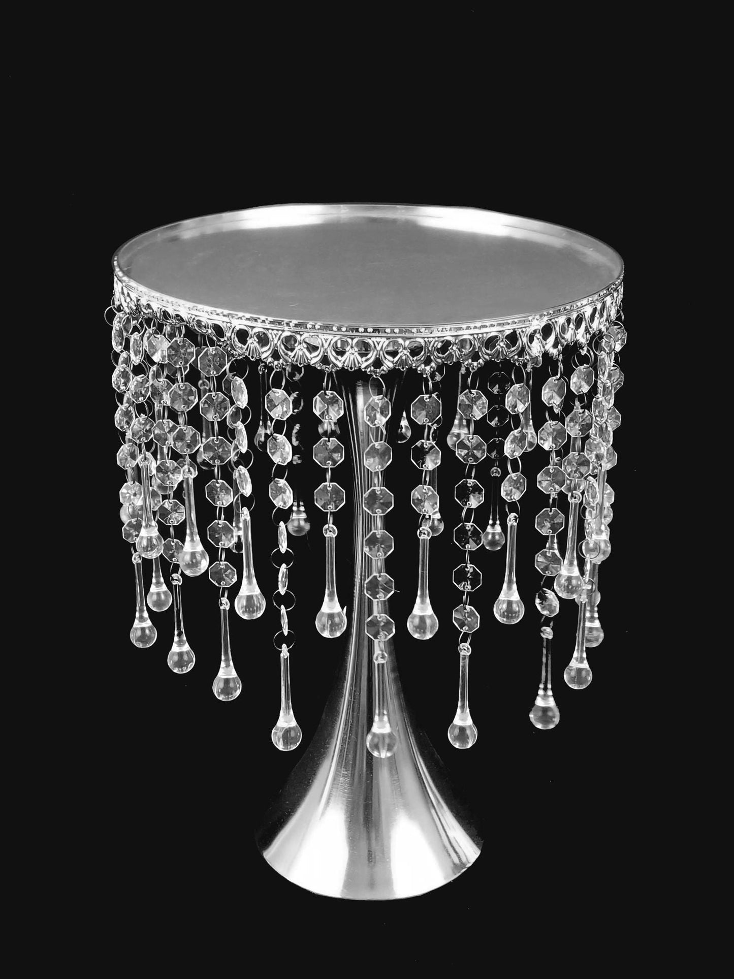 CH015 SL - 12" Tall Silver Metallic Trumpet Cake Riser Stand With Acrylic Crystal Chains