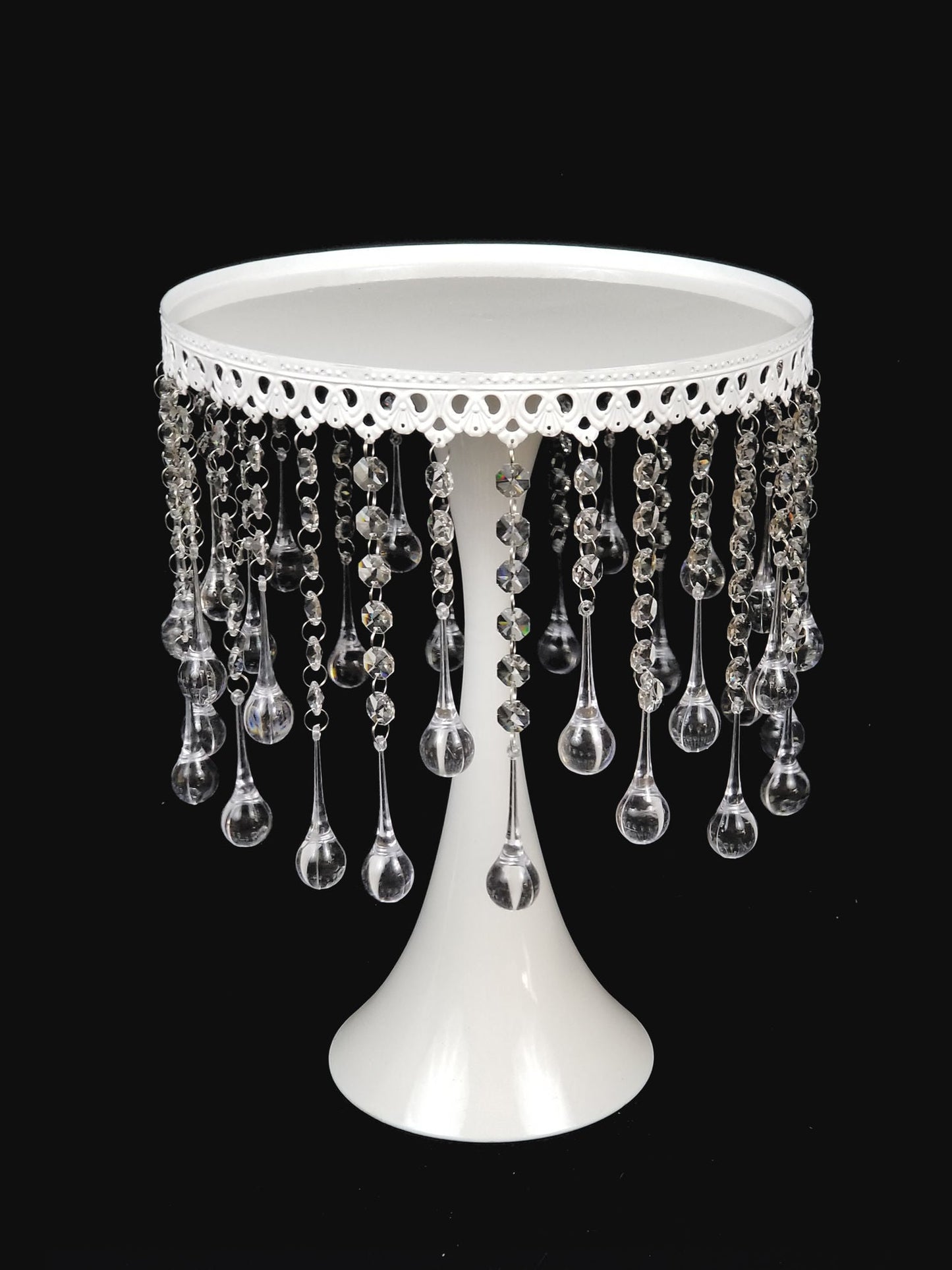 CH015 WT - 12" Tall White Metallic Trumpet Cake Riser Stand With Acrylic Crystal Chains