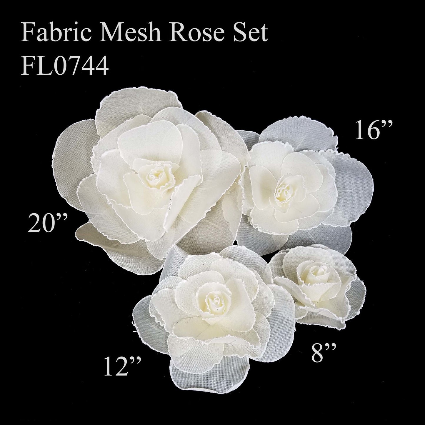 FL0744 - 4Pc Set - 8", 12", 15" & 20" Fabric Mesh Rose Set