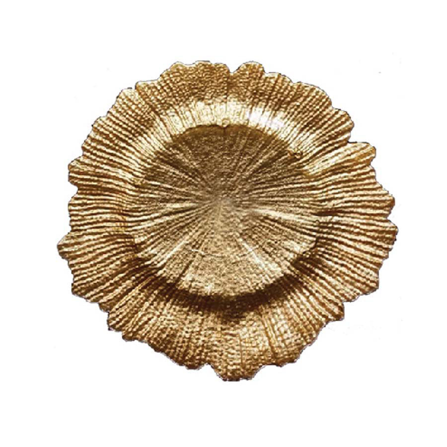 GP5432 GD - 13" Reef Leaf Gold Metallic Paint Brushed Glass Charger Plates