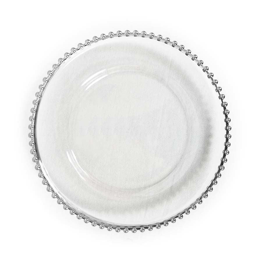 GP5428 SL - 13" Round Beaded Silver Glass Charger Plates
