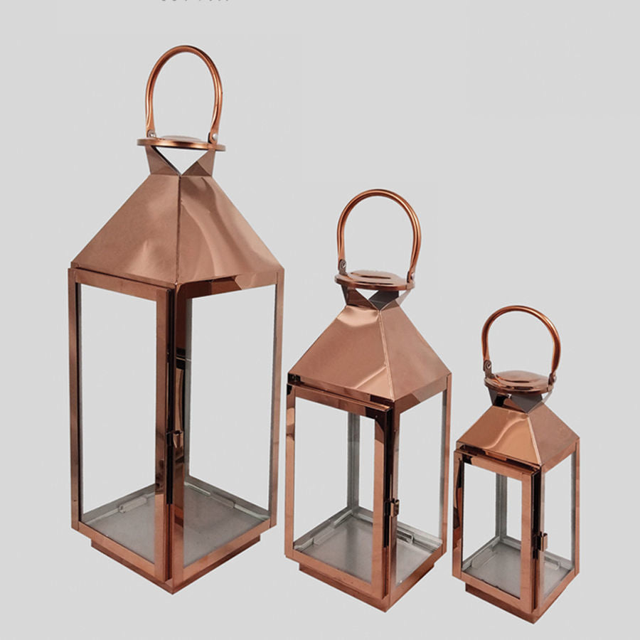 L423 Rose Gold - Set of 3 Crown Top Stainless Steel Metal Lantern Centerpieces, Outdoor Candle Lanterns