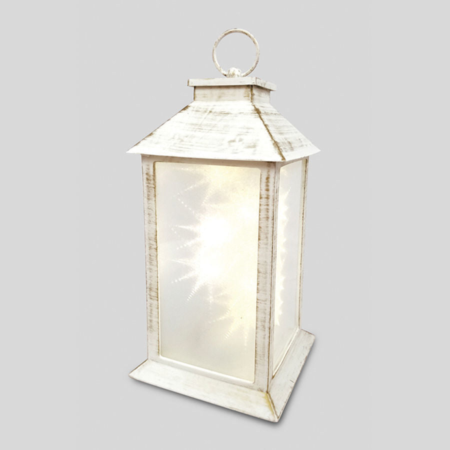 2639 - 15" White Vintage-Style Lantern and LED Sparkle Lights