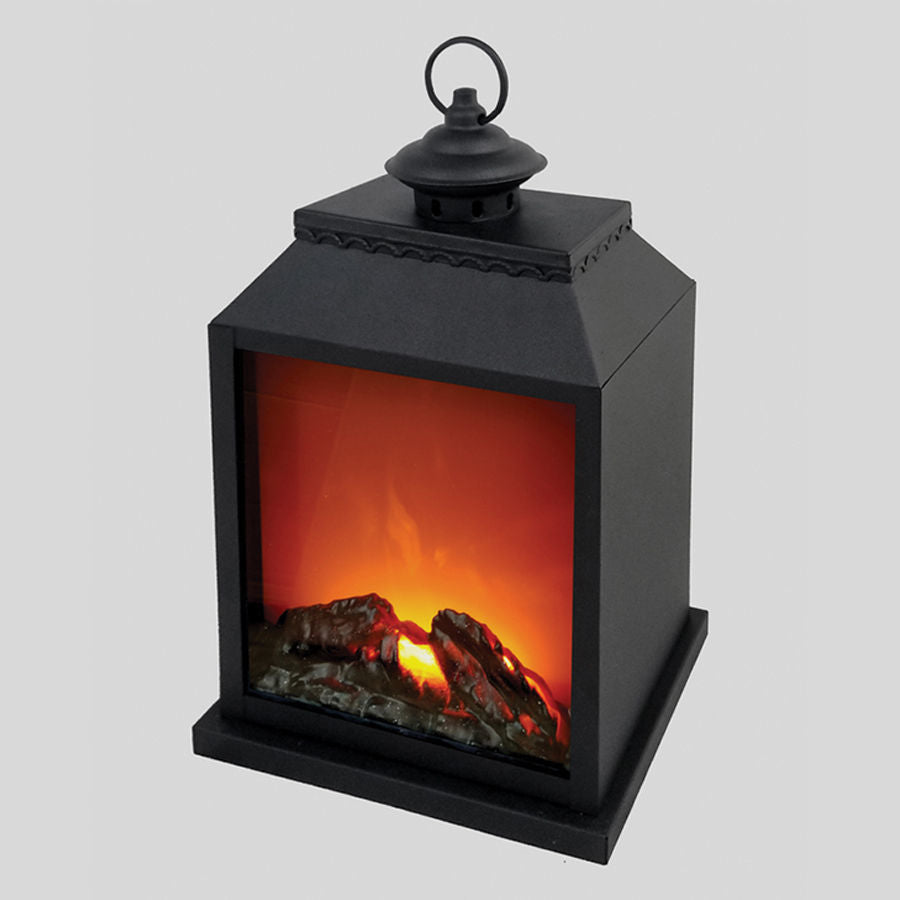 2642 - 16" Tall Black Vintage-Style Fireplace Lantern and flame-less LED Panel