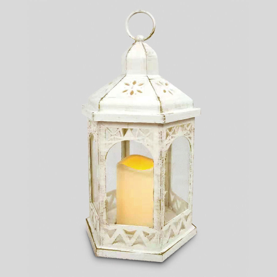 2637 - 12.5" Tall White Plastic Lantern and Rustic Hexagon Design With LED Candle