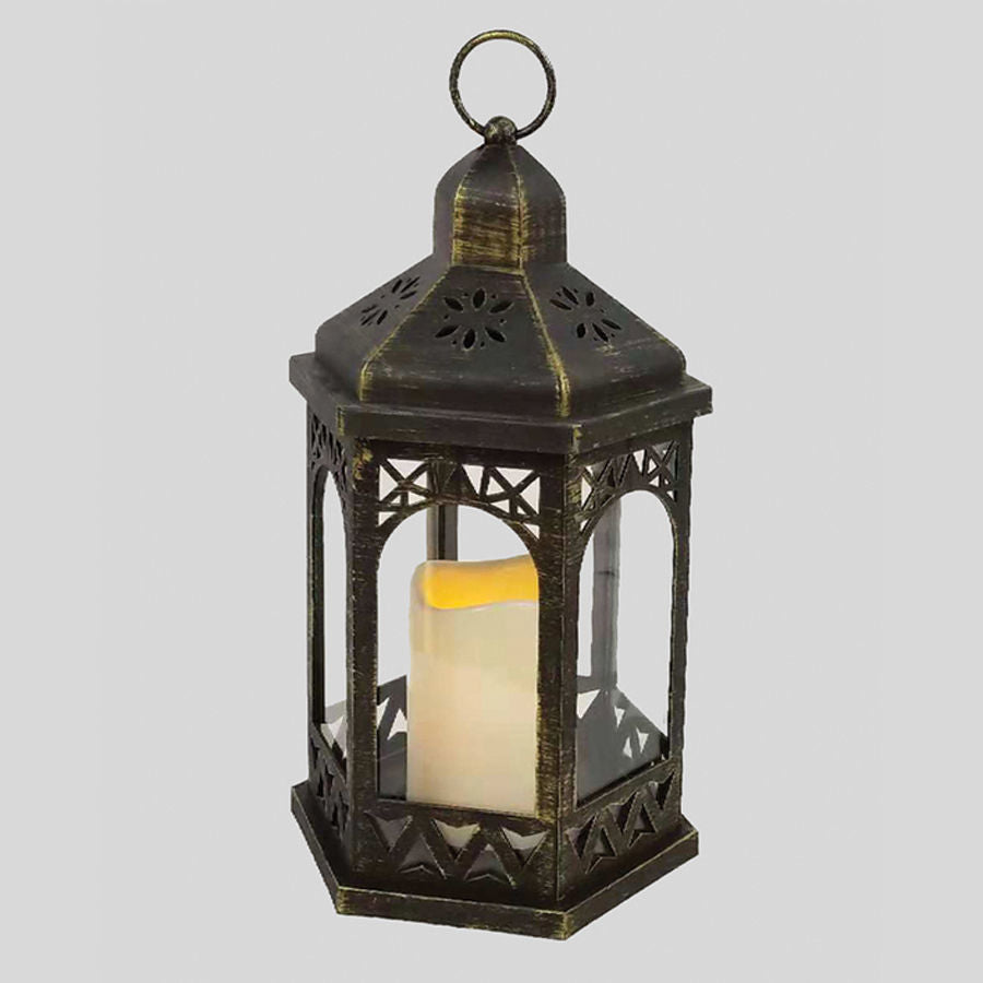 2638 - 12.5" Tall Black Plastic Lantern and Rustic Hexagon Design With LED Candle