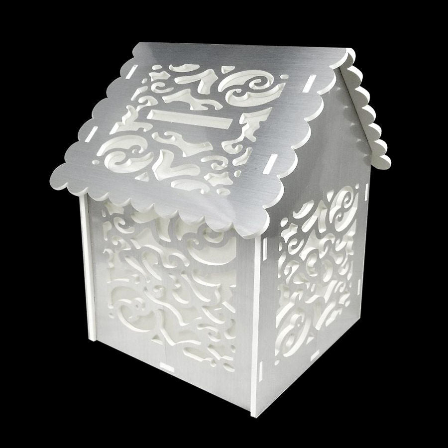 WM-HBX01 SL - Silver House Shaped Money Box with Laser Cut Swirls