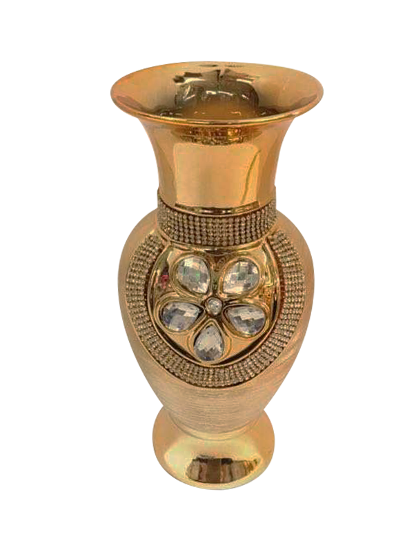 447-3U - Gold Vase Elegant Ceramic with Crystal Detail 12"