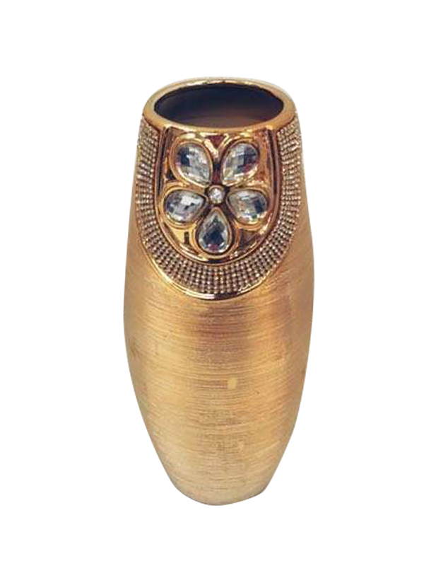 435-2U - Gold Vase Elegant Ceramic with Crystal Detail 14"