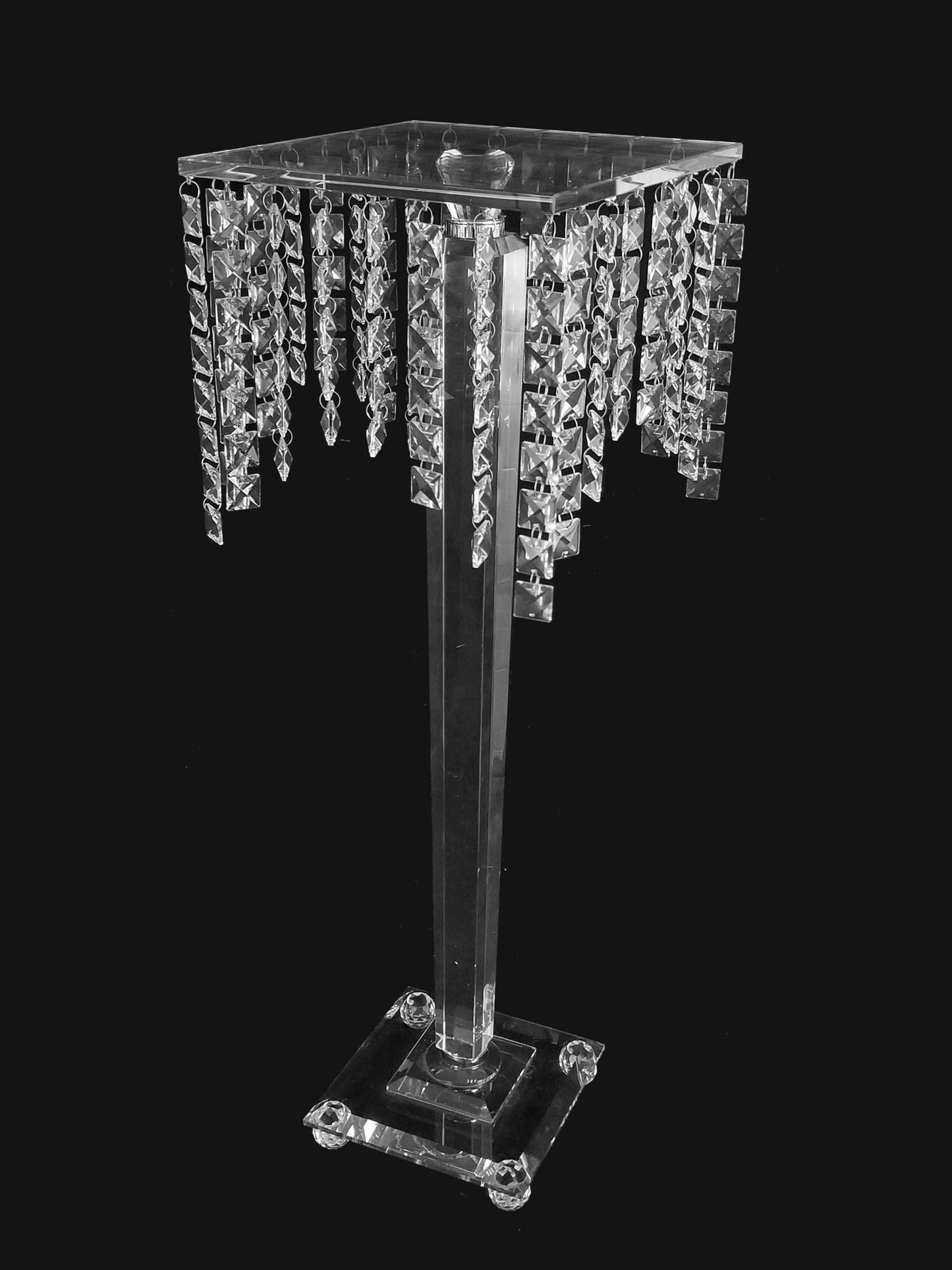 0001 - 29" Tall Square Top Crystal Stand with Squared Hanging Crystals