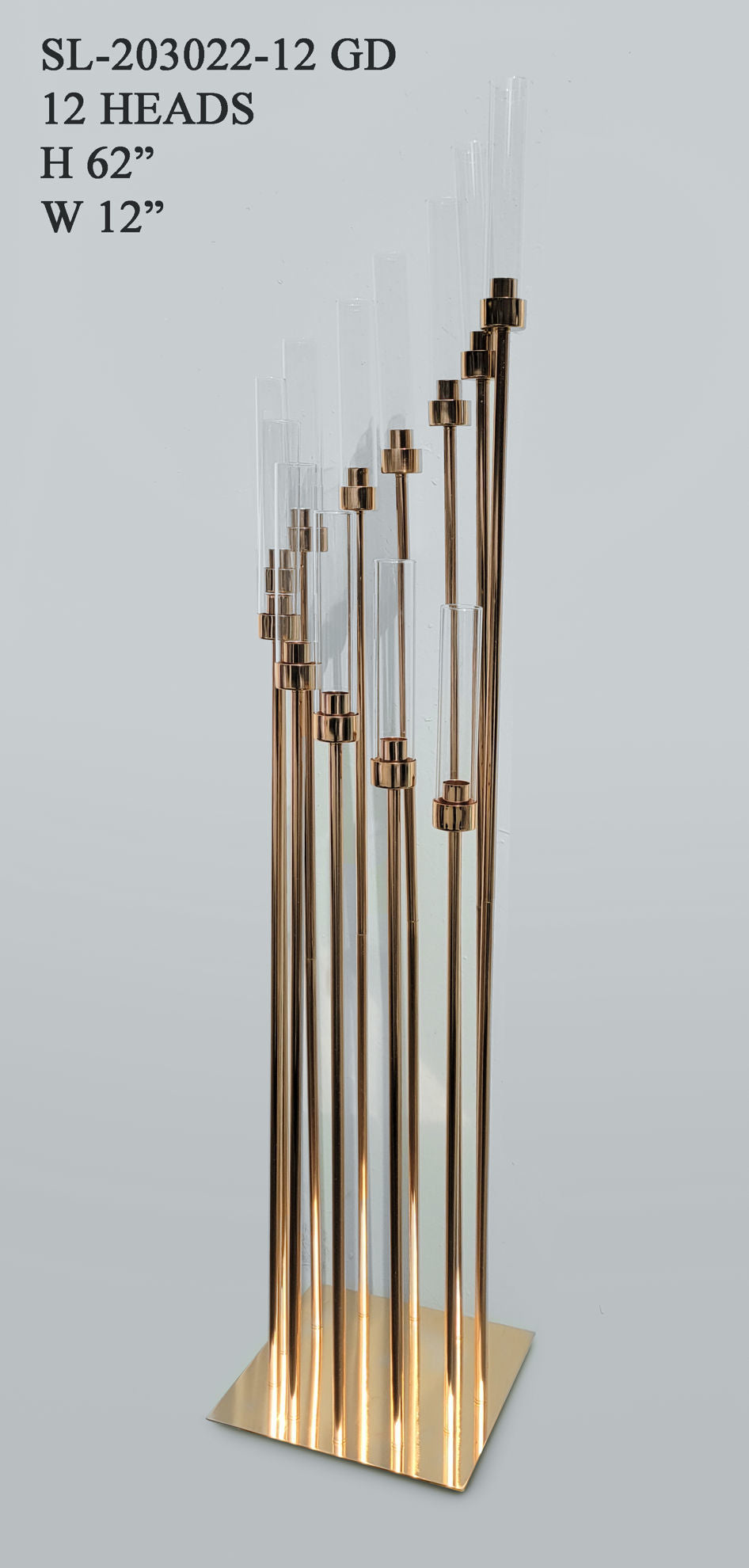 SL-203022-12 GD - 12 Heads Gold Candle Holder with Hurricane Glass Tubes