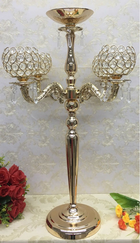 8593-7GD 5 Head Crystal Candle Holder GOLD