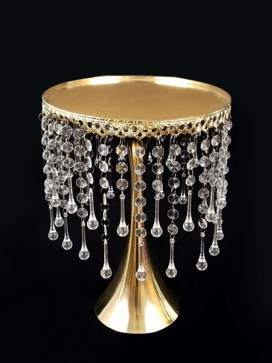 CH015 GD - 12" Tall Gold Metallic Trumpet Cake Riser Stand With Acrylic Crystal Chains