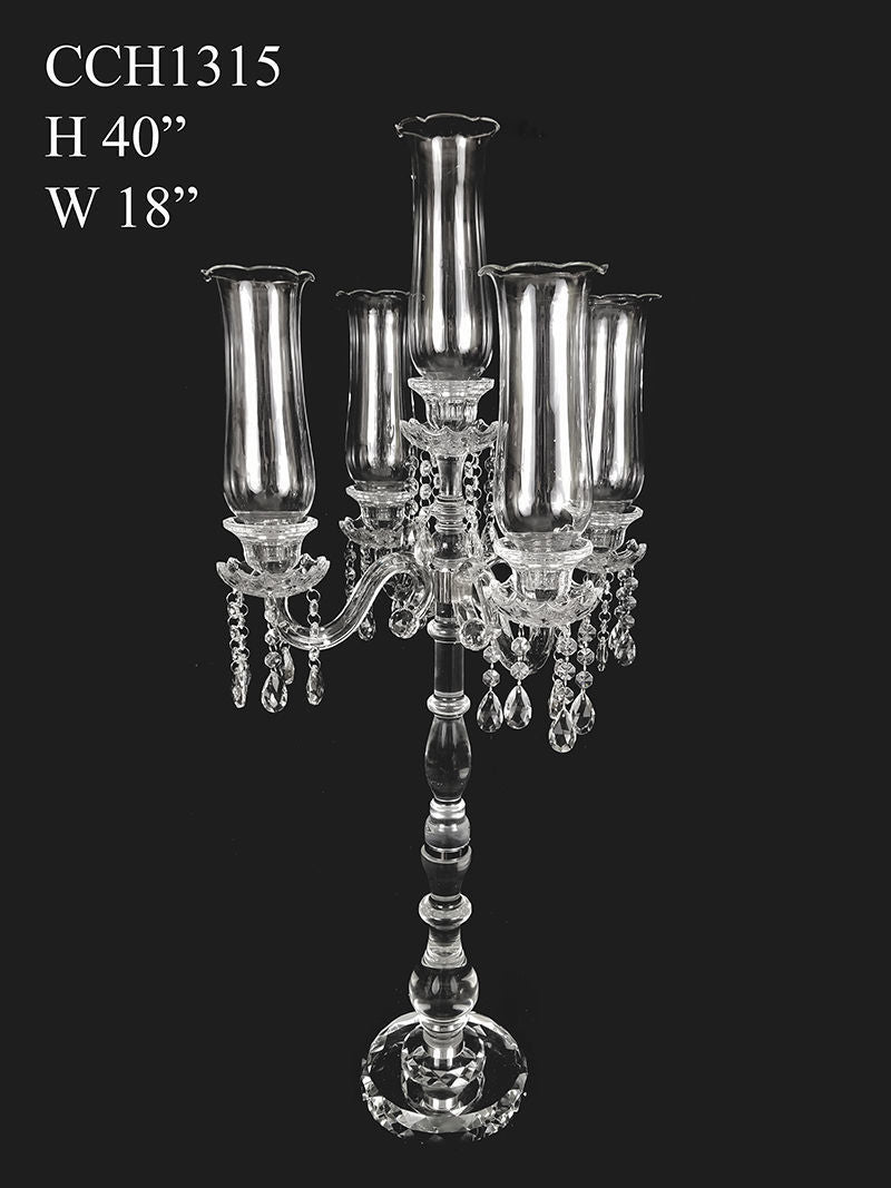 CCH1315 - Tall 5 Arm Premium Gem Cut with Hurricane Taper Crystal Glass Candle Holder 40"