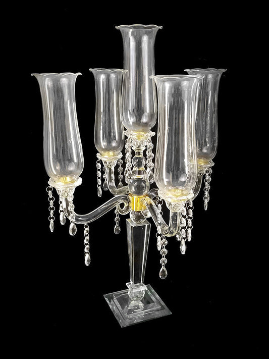 CH3035 - 5 Arm Premium Gem Cut with Hurricane Taper Crystal Glass Candle Holder with Gold Detail 25"