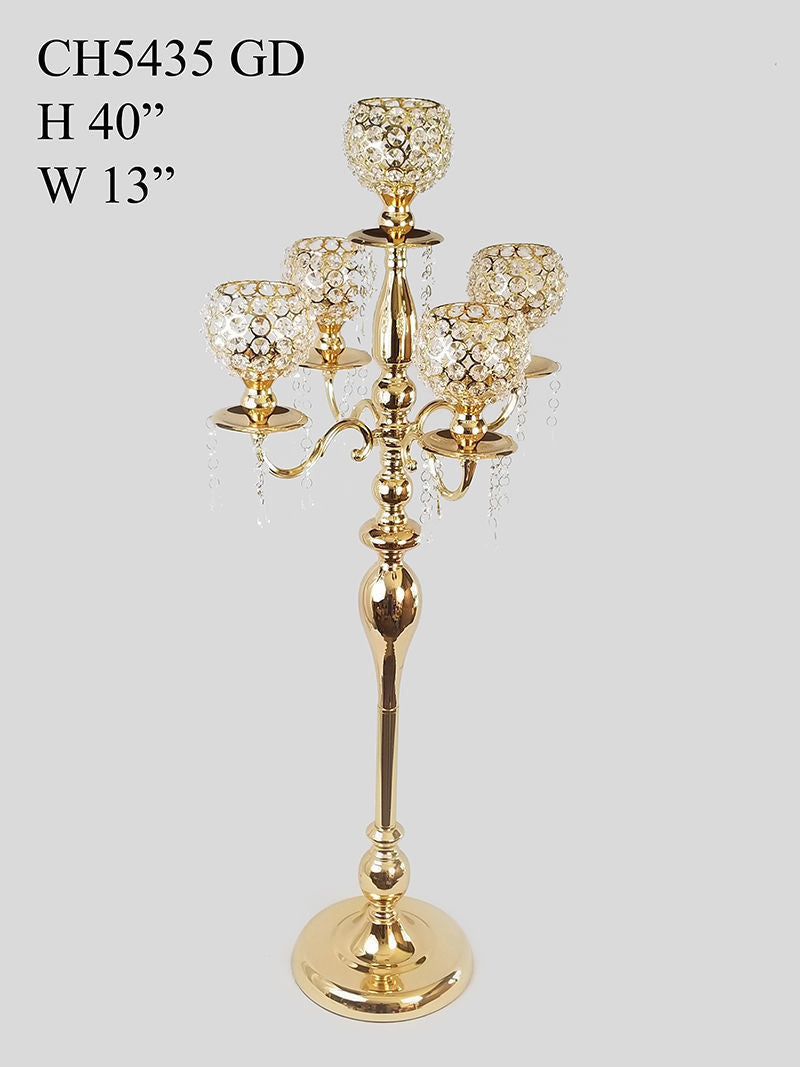 CH5435 GD - Gold Tall 5 Arm Gold Crystal Beaded Globe Metal Candelabra Candle Holder Set
