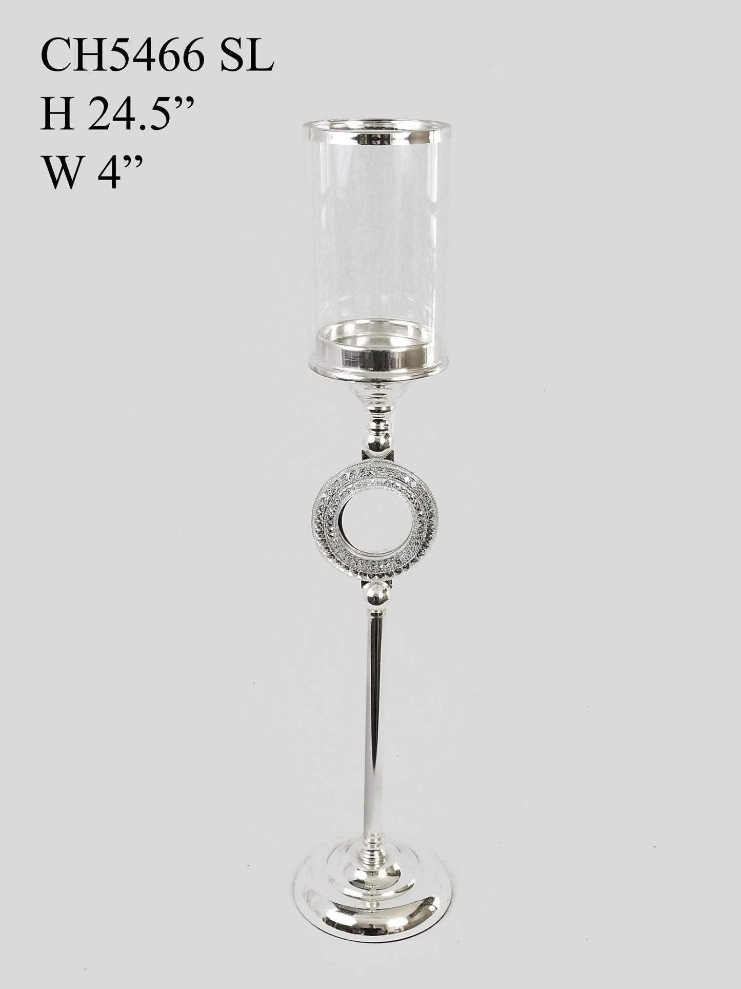 CH5466 Silver - Candle Holder With Circle Crystal Design and Hurricane Glass Tube