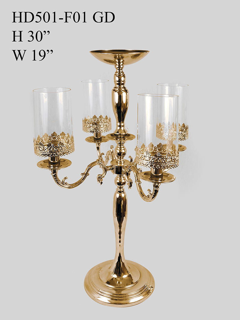 HD501-F01 - Gold Metal Candelabra 4 Arms with Hurricane Glass and 1 Flower Riser 30"
