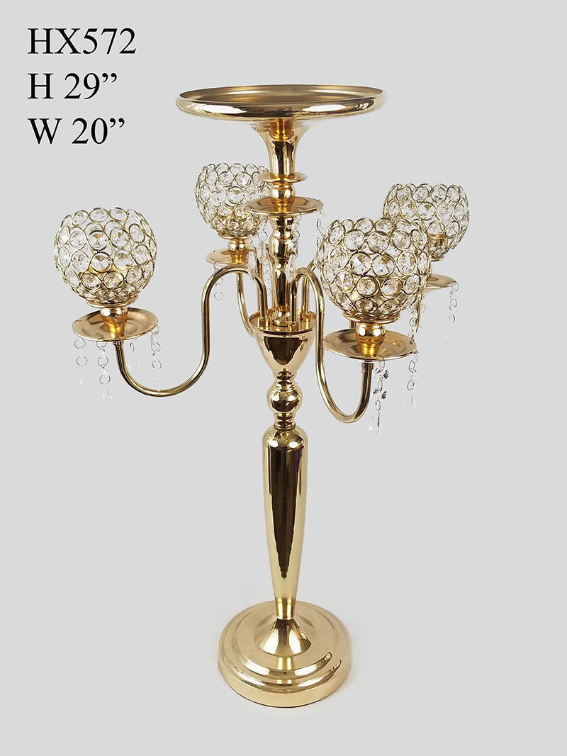 HX572 -  Gold Metal Candelabra with 4 Goblet Crystal Votive Arms and 1 Flower Riser  29"