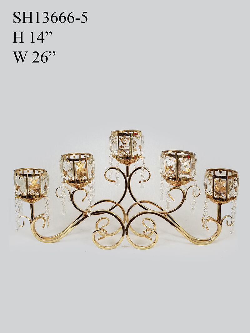 SH13666-5 - Gold 5 Arm Candle Holder with Crystal 14"