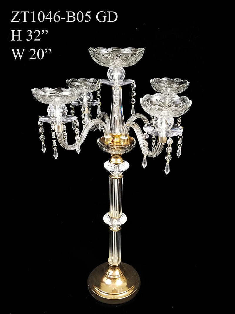 ZT1046-B05 - Clear Crystal Candelabra 4 Arms and 1 Flower Riser 32"