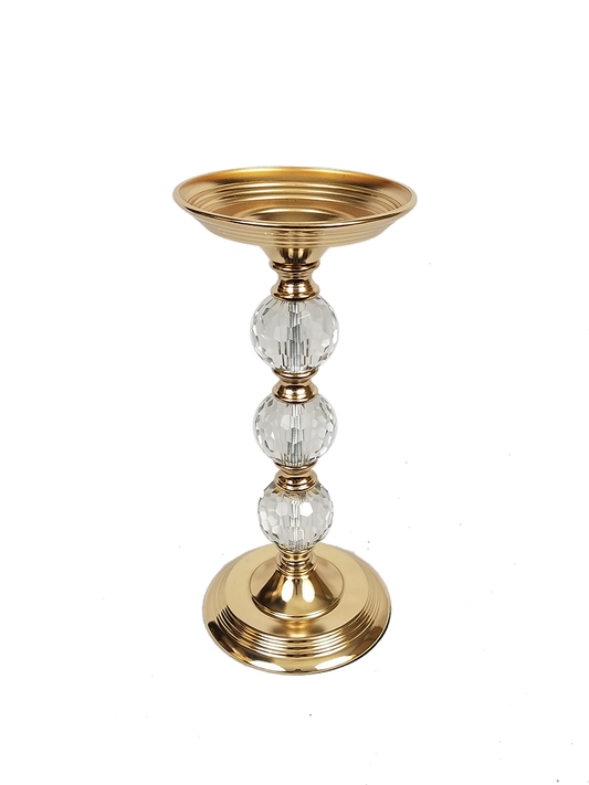 F542-3G - Gold Metallic Pillar Flower and cadle Stand With Clear Crystal Ball 14"