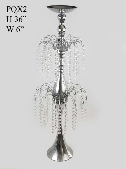 PQX2 - Silver Metal Flower Stand with Two Tier Crystal Chain Chandelier Stand 36"
