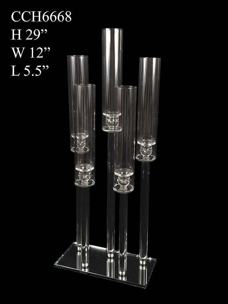 CCH6668 - 5 Head Candlestick Holders  with Hurricane Tubes Wedding Table Centerpiece 38"