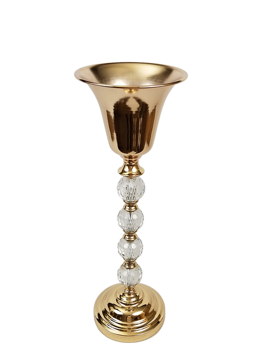 F509 GD - Gold Metallic Pillar Flower Stand and Goblet With Clear Crystal Balls 24"