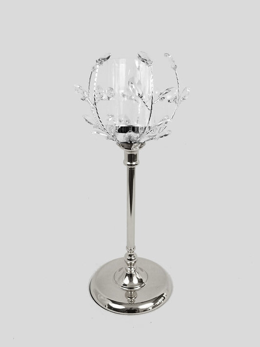 CH5461 Silver - Candle Holder With Flower Crystal Design and Hurricane Glass Tube