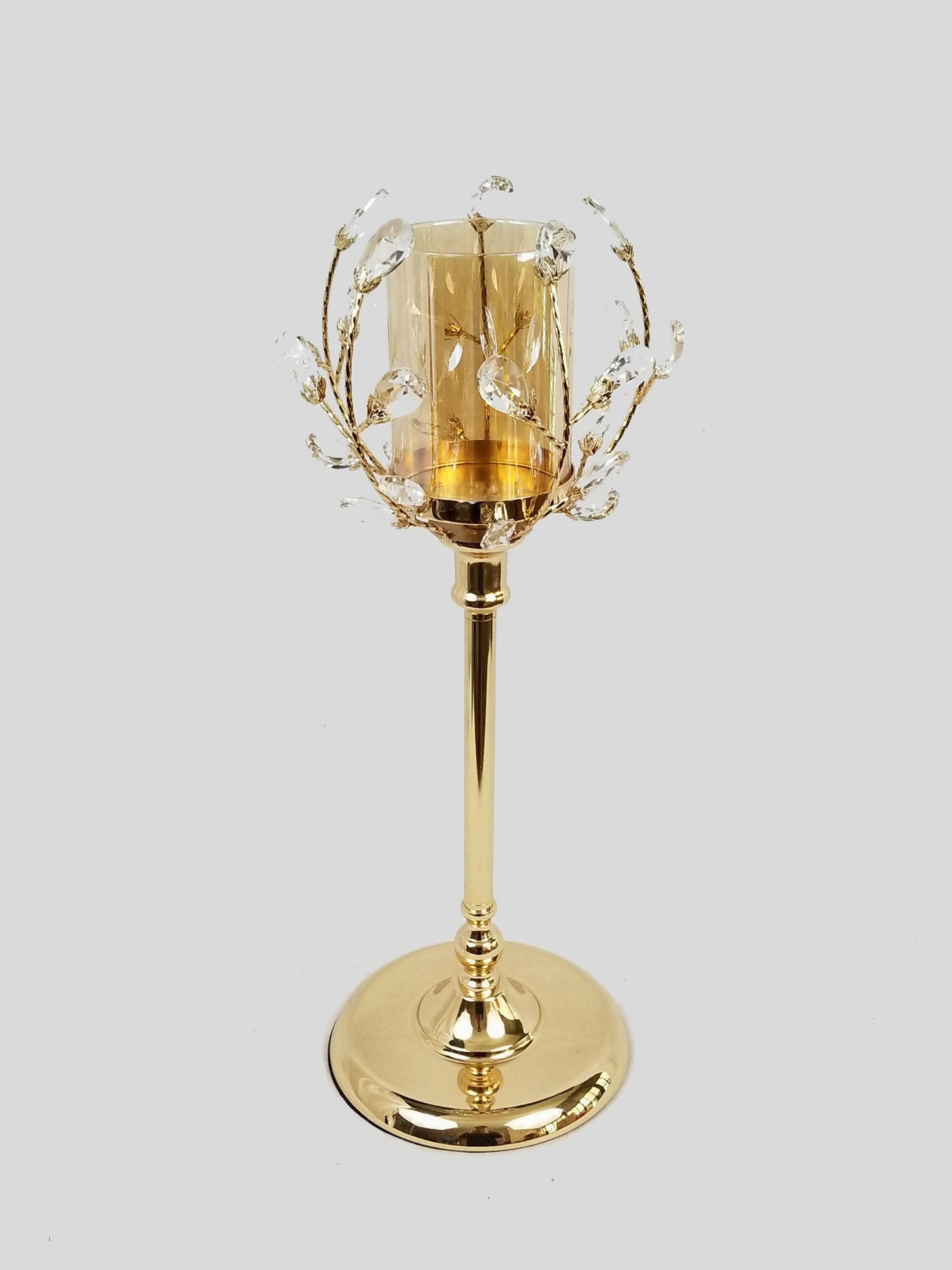 CH5462 Gold - Candle Holder With Flower Crystal Design and Hurricane Glass Tube