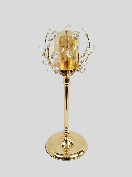 CH5462 Gold - Candle Holder With Flower Crystal Design and Hurricane Glass Tube