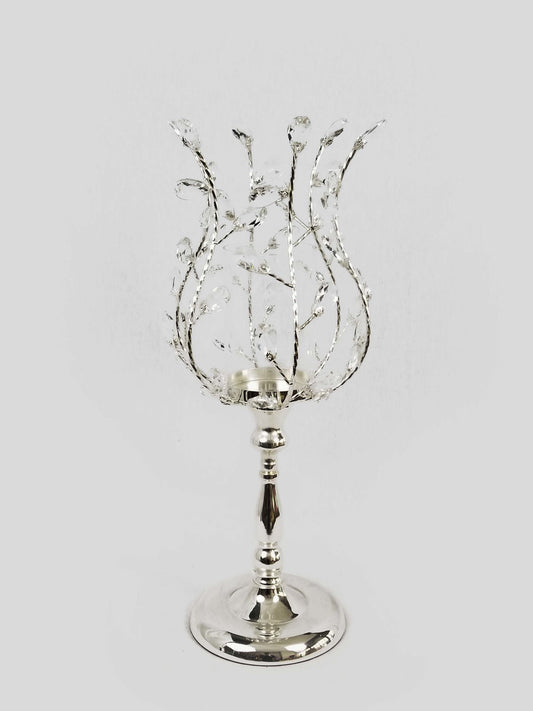 CH5439 SIlver - Candle Holder With Flower Crystal Design and Hurricane Glass Tube