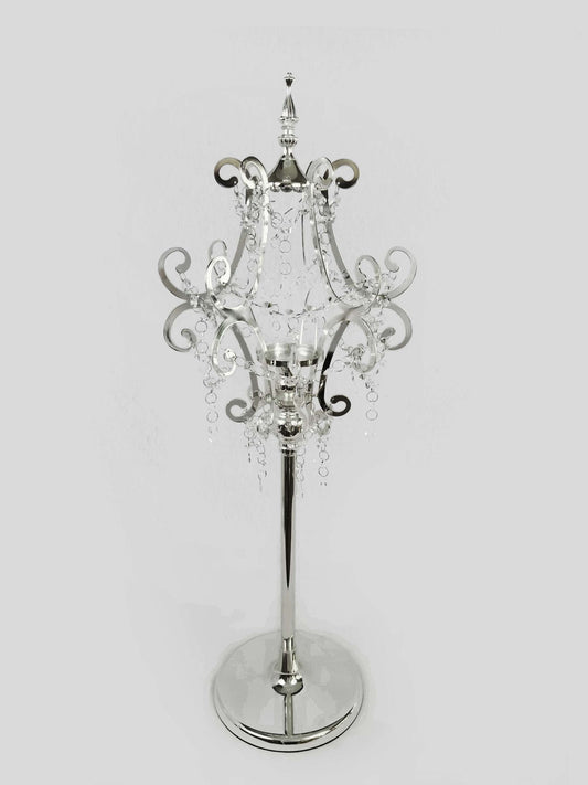 CH5458 Silver - Candle Holder With Pentagon Crystal Design and Hurricane Glass Tube
