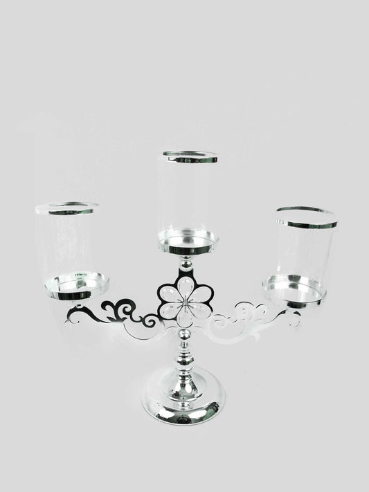 CH5441 Silver - Trio Hurricane Glass Candle Holder  With Flower Crystal Design