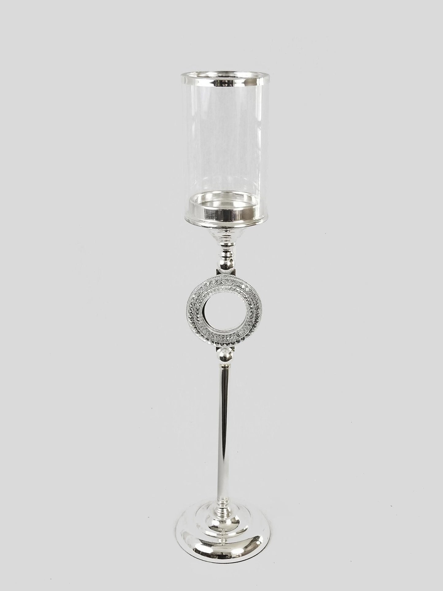 CH5466 Silver - Candle Holder With Circle Crystal Design and Hurricane Glass Tube