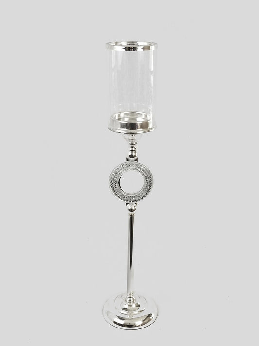 CH5466 Silver - Candle Holder With Circle Crystal Design and Hurricane Glass Tube